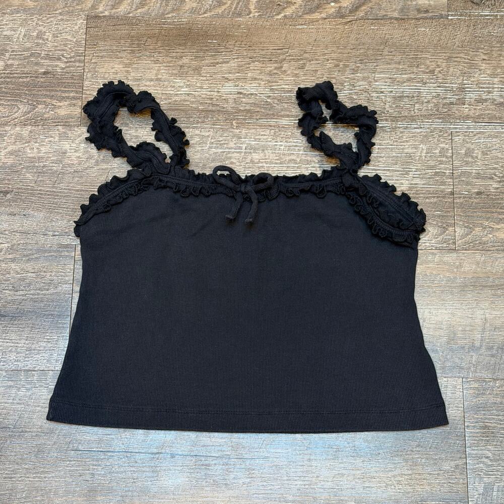 Maeve Anthropologie Womens Large Black Ribbed Dorrie Ruffled Cami Tank Top